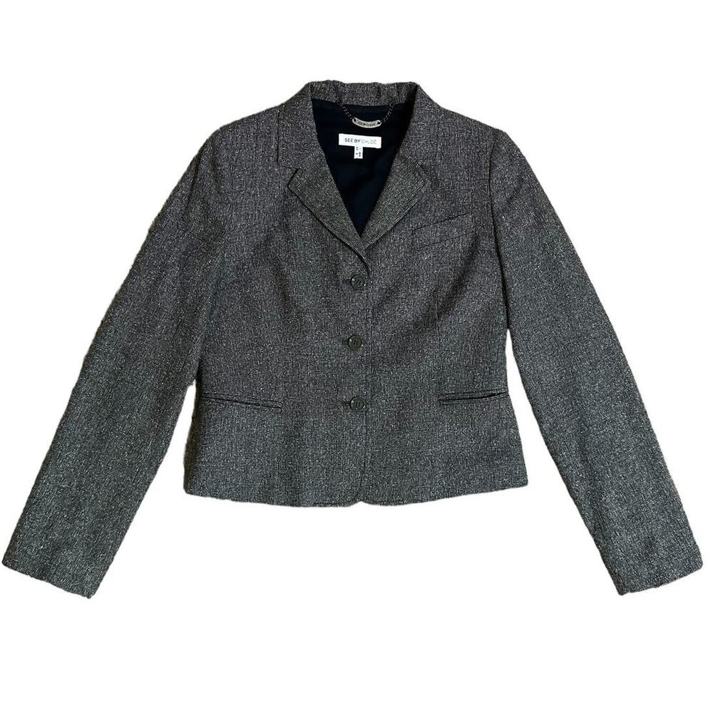 See by Chloe Wool Blazer Gray Black Mini Checked Fitted 3 Button